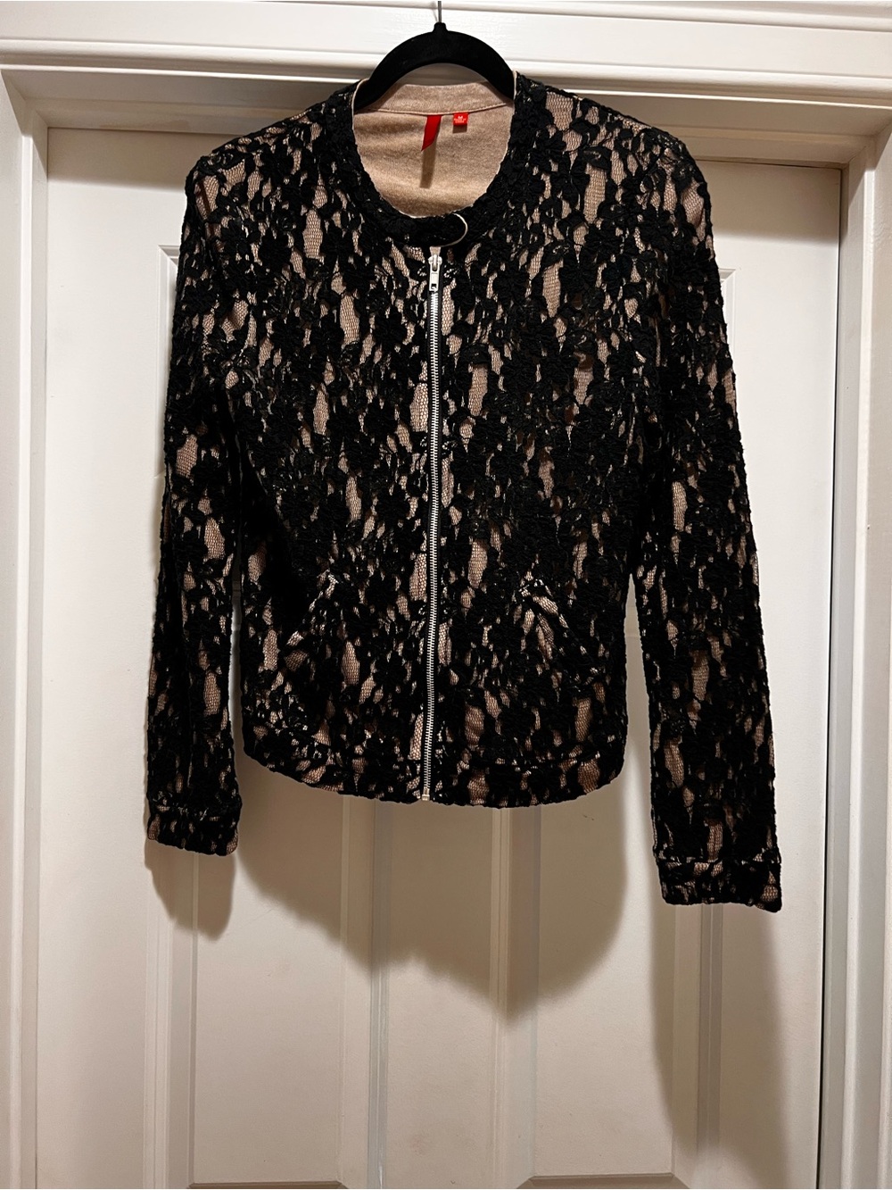 Saks Black Lace Zip-Front Jacket with Nude Lining